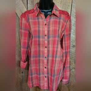 Love On Tap Ladies M Orange Plaid Lace Back Button-up Shirt EUC